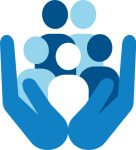 A blue icon of two caring hands gently hold a diverse group of people